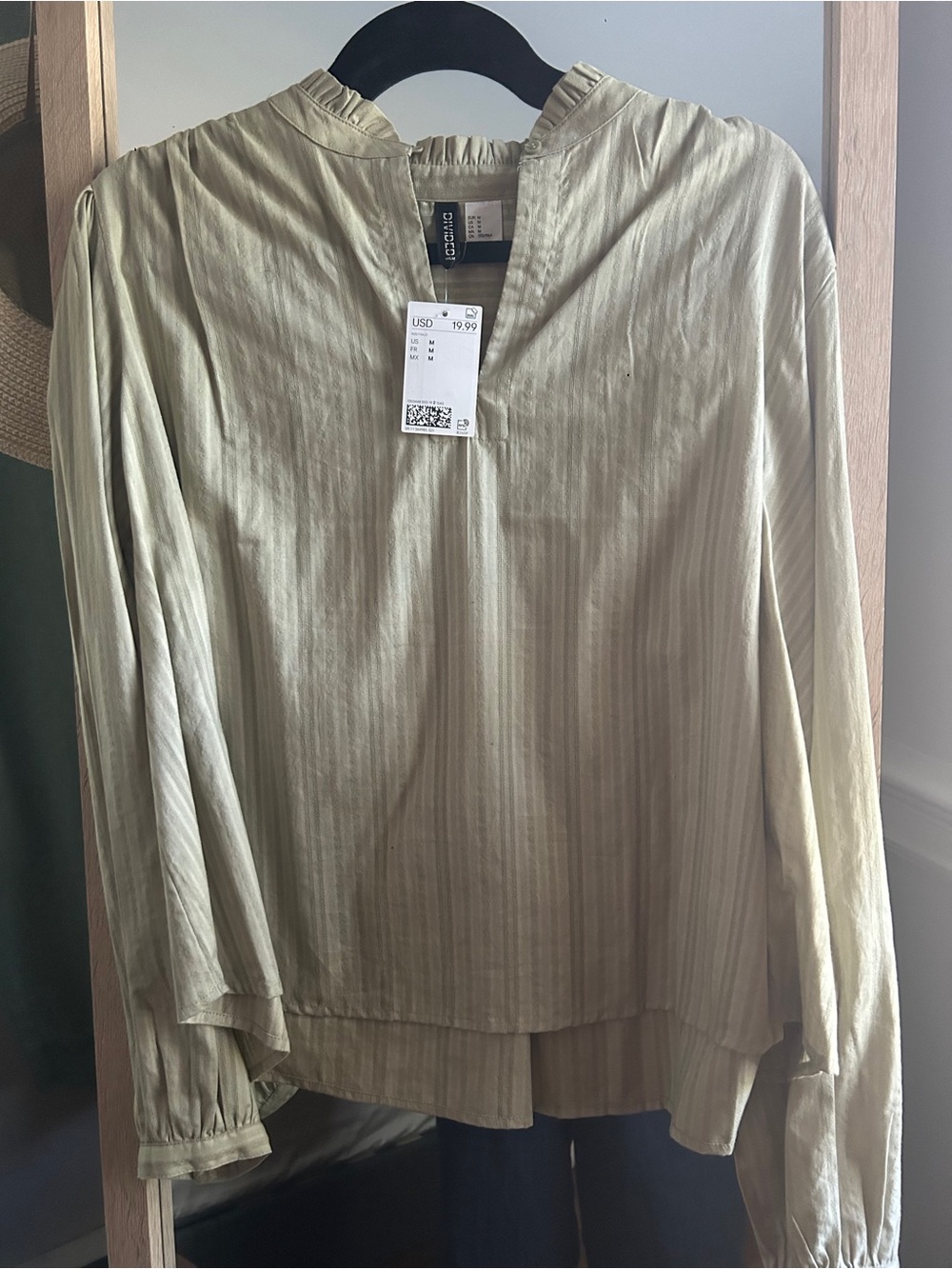 H&M Light Olive Ruffled V-Neck Long Sleeve Shirt